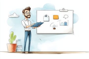 Wall Mural - Professional with hearing aids giving a presentation, watercolor style, confidently navigating the workplace.