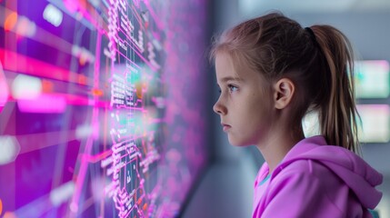 Poster - Young Girl in Futuristic Classroom Using AI Tools for Learning During Daytime, Modern Education, Innovative Technology