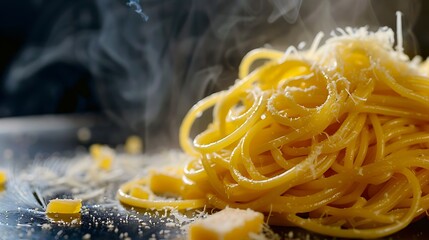 Spaghetti with cheddar cheese against a dark backdrop