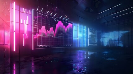 Poster - Futuristic financial data visualization with neon pink and blue glowing charts reflected on wet floor, perfect for business technology and market analysis background.