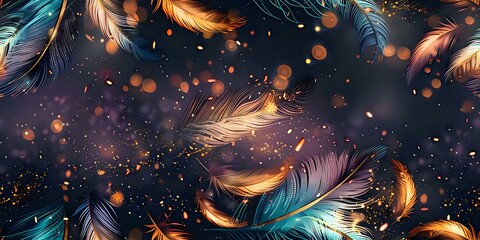 Poster - Magical glowing feathers with golden and turquoise colors floating in dark space, creating ethereal atmosphere perfect for fantasy, spiritual or mystical design projects and dreamy backgrounds.