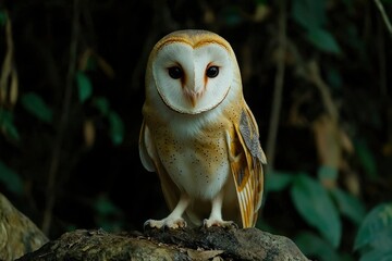 Sticker - A Close-Up Portrait of a Barn Owl Perched on a Rock