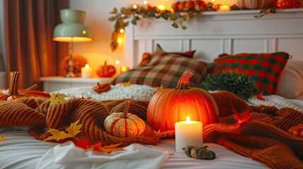 Sticker - A cozy autumn-themed bedroom with pumpkins and fall leaves