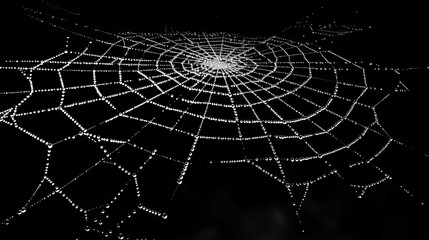 Dew-Covered Spider Web Against a Black Background