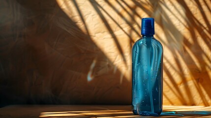 Sprinkler bottle in blue with a brown backdrop