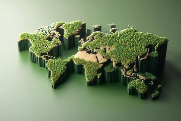 A creative 3D representation of the world map made with greenery, symbolizing nature and environmental awareness.