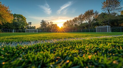 Poster - A soccer field with a sun shining on it