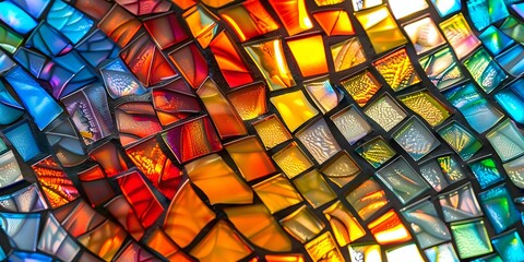 Poster - A colorful mosaic of glass tiles in warm orange and cool blue tones, creating a dynamic and abstract pattern. Ideal for backgrounds, decor, and artistic projects.