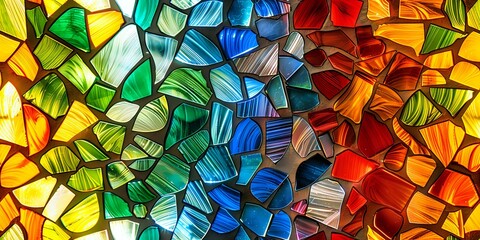 Poster -  vibrant and colorful mosaic made from glass pieces in various shades of green, blue, red, and yellow, creating a dynamic abstract design. Perfect for backgrounds, decor, and creative projects.