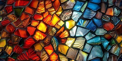 Poster -  vibrant and colorful mosaic made from glass pieces in various shades of green, blue, red, and yellow, creating a dynamic abstract design. Perfect for backgrounds, decor, and creative projects.