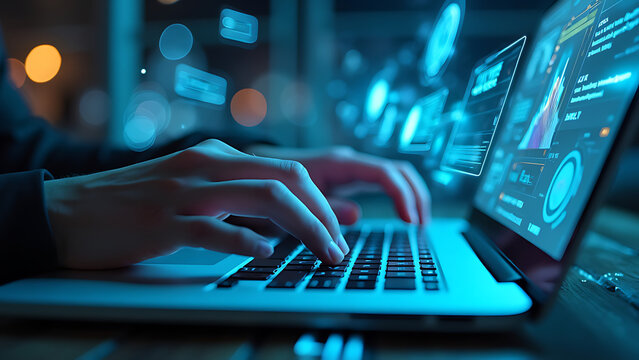 person typing on a laptop floating graphics