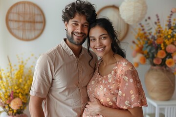 A joyful couple celebrating a special moment together in a beautifully decorated indoor space with floral arrangements