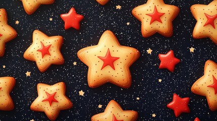 Star-shaped cookies adorned with a red icing star in the center, placed on a dark starry background, highlighting a festive and vibrant theme perfect for celebrations.