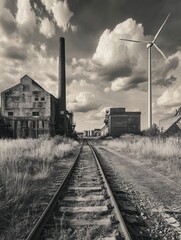 Poster - Lifeless tracks lead through overgrown grass towards old factories, while modern wind turbines symbolize the move towards sustainable energy. Generative AI
