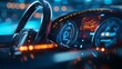 © Zaenal - Abstract electronic car dashboard interface hologram on blurry blue backdrop. Automobile, charging and futuristic technology concept. 3D Rendering