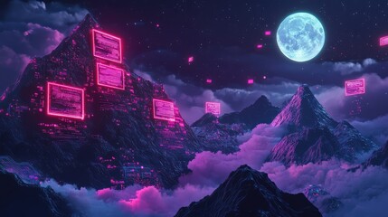 Wall Mural - Mountains with computer components and glowing screens, set against a night sky with a bright moon and floating digital elements