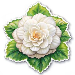 Sticker - White Begonia Flower with Green Leaves, Digital Illustration, White Flower, Green Leaves, Botanical Art