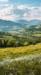 Poster - A beautiful countryside scene with a red house in the middle of a field of grass