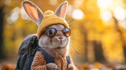 Cute Bunny Wearing Sunglasses and Hat in Autumn Forest