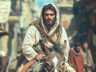 Intense portrait of a bearded man in biblical-era attire riding a horse through an ancient Middle Eastern city. Atmospheric scene evokes historical drama and spiritual journey