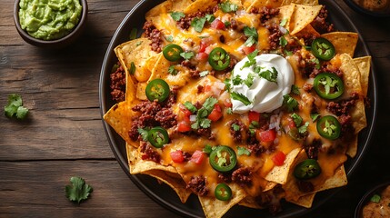 A top-down shot of loaded nachos with melted cheese, jalapenos, sour cream, and guacamole, placed on a wooden table, with warm natural light casting soft shadows, highlighting the vibrant colors,