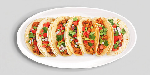 Wall Mural - Top-down view of tacos with visible fillings, neatly arranged on a plain white dish