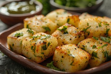 Wall Mural - Indian snack Khaman Dhokla with chutney served on a dish