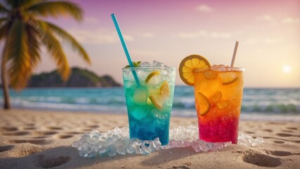 Iced tropical drink on sandy beach with colorful summer background.