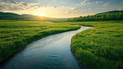 Poster - A river runs through a lush green field