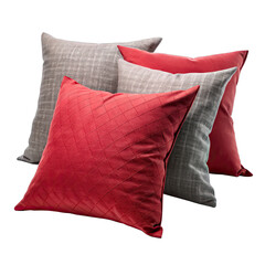 A set of three blank pillow covers, one red with a quilted diamond pattern and two grey with a textured weave, lie on a white background