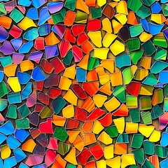 Poster -  vibrant abstract mosaic pattern composed of multicolored tiles in various shapes and sizes. The dynamic arrangement creates a sense of movement, making it ideal for backgrounds, textiles
