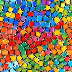Poster -  vibrant abstract mosaic pattern composed of multicolored tiles in various shapes and sizes. The dynamic arrangement creates a sense of movement, making it ideal for backgrounds, textiles