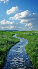 Poster - A long, narrow river runs through a lush green field