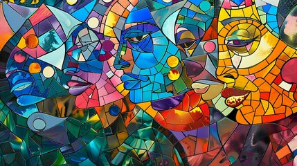 Poster - Stunning abstract mosaic artwork depicting multicolored human faces in geometric patterns. Ideal for creative designs, wall art, and contemporary decor projects.