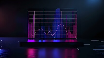 Poster - A futuristic 3D data visualization featuring glowing bar charts and graphs against a dark, neon-lit background. Ideal for themes related to technology, data analysis, and innovation.