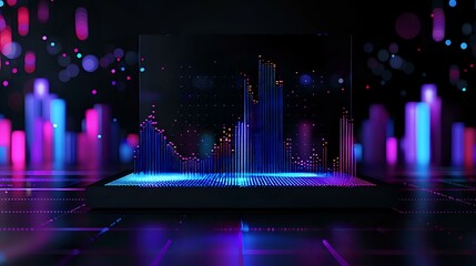 Poster - A futuristic 3D data visualization featuring glowing bar charts and graphs against a dark, neon-lit background. Ideal for themes related to technology, data analysis, and innovation.