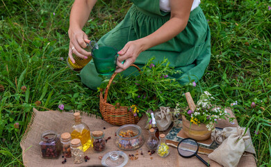 Wall Mural - woman and herbal tinctures, tea, medicinal herbs.