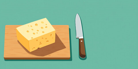 Wall Mural - Block of cheddar cheese on cutting board with knife beside it