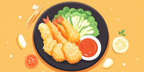 Wall Mural - Close-up of tempura vegetables on a plate with dipping sauce