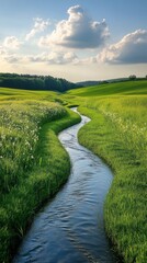 Poster - A long, narrow river runs through a lush green field