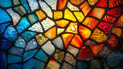 Poster - Vibrant mosaic of colorful stained glass pieces, creating a dynamic and artistic pattern. Perfect for creative projects, interior design, and decorative art concepts.