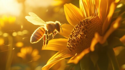 Wall Mural - A bee buzzing over a sparkling garden fountain, its tiny wings creating ripples as it nears the cascading wate