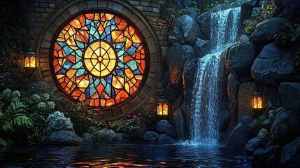 Wall Mural - A beautiful stained glass mosaic showcasing a vintage lamp and waterfall with autumn leaves, creating a warm and serene atmosphere.
