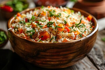 Wall Mural - Spiced vegetable pulav featuring a blend of fresh vegetables