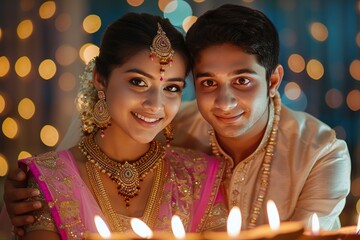 Traditional clad Indian young couple marking Diwali together