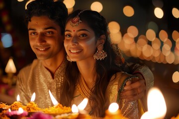 Traditional clad Indian young couple marking Diwali together