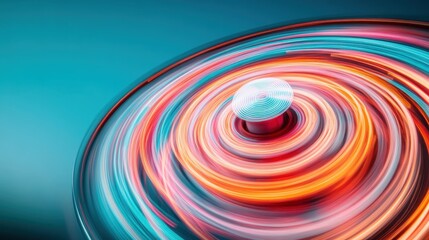 An image showing colorful spiral light trails creating a vibrant visual effect on a circular platform, perfectly illustrating movement and modern aesthetics.