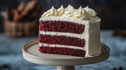 Wall Mural - A slice of red velvet cake with white frosting on a cake stand.