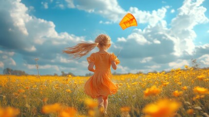 A young girl in a yellow dress runs through a field of yellow flowers, holding an orange kite in her hand. The sky is blue with white clouds.