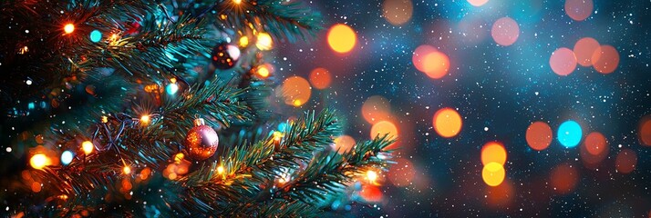 pine tree branches aglow with festive lights stand out against a snowy backdrop, delivering a magica